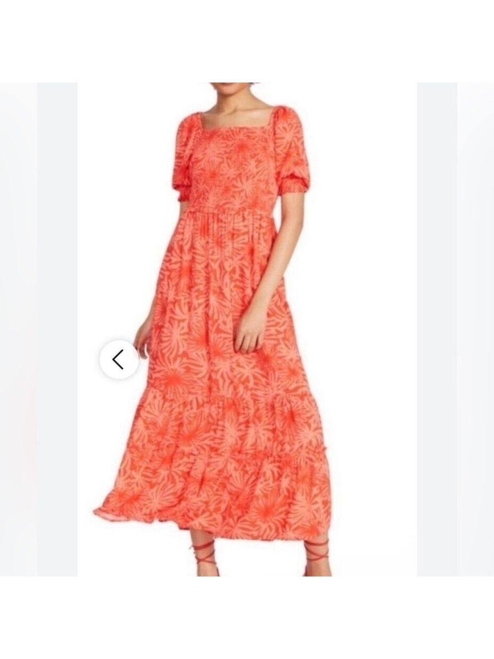 Betsy Johnson palms of paradise orange floral shirred puff sleeve tiered maxi L